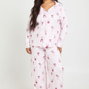 Plus Stripe Cocktail Long Sleeve Shirt And Trousers Pyjama Set