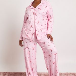 Plus Bow Cocktail Long Sleeve Shirt And Trousers Pyjama Set