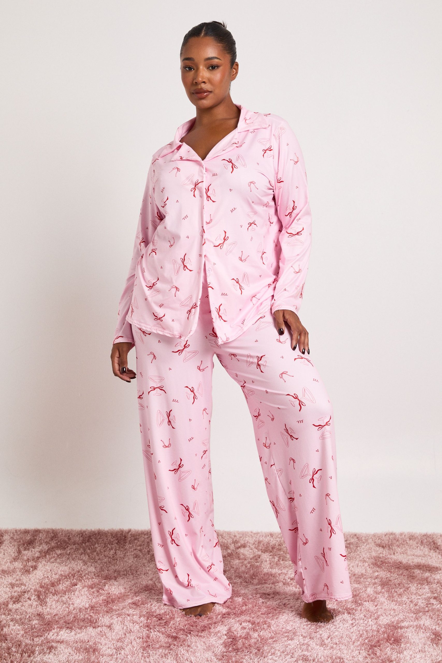 Plus Bow Cocktail Long Sleeve Shirt And Trousers Pyjama Set