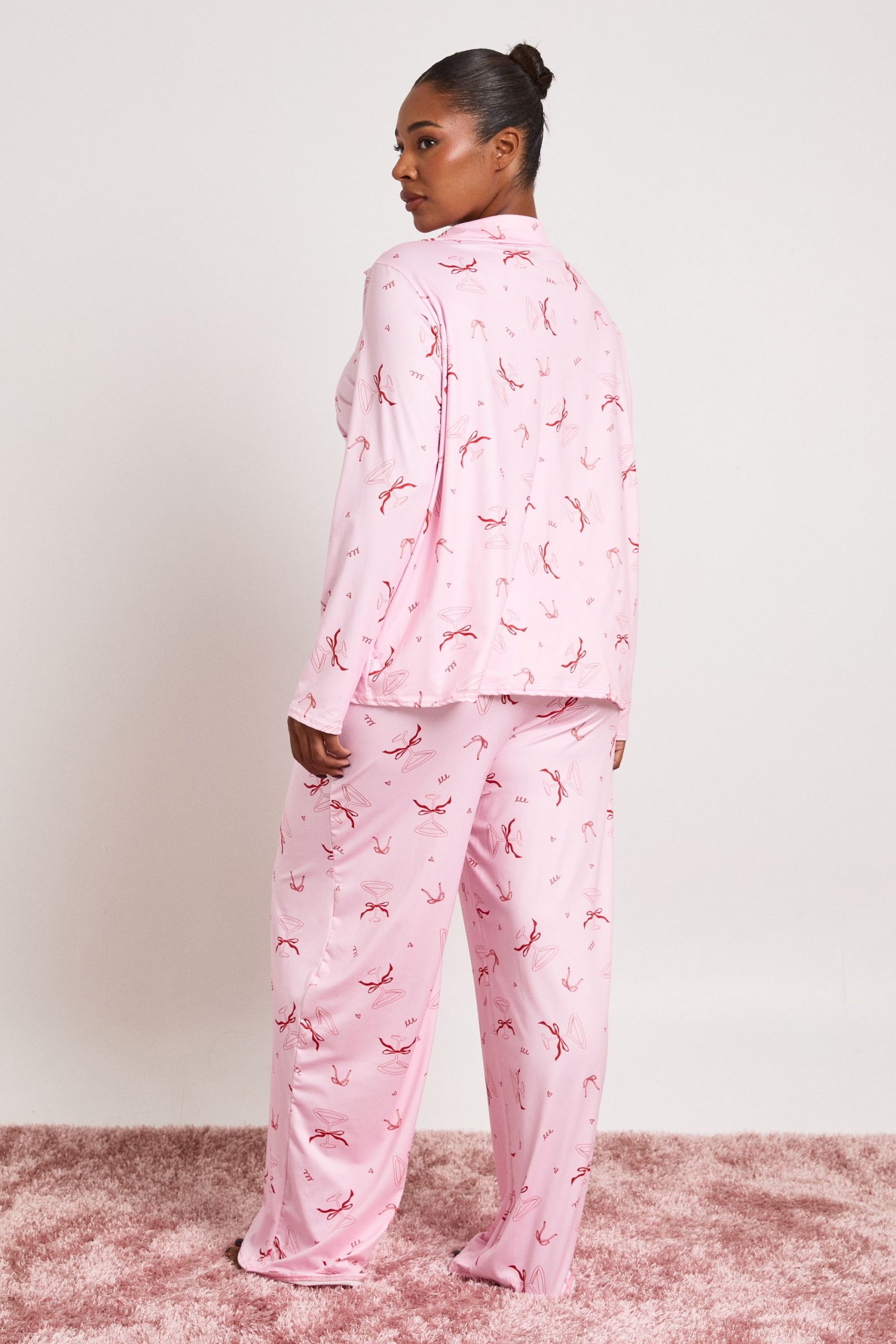 Plus Bow Cocktail Long Sleeve Shirt And Trousers Pyjama Set - Image 2