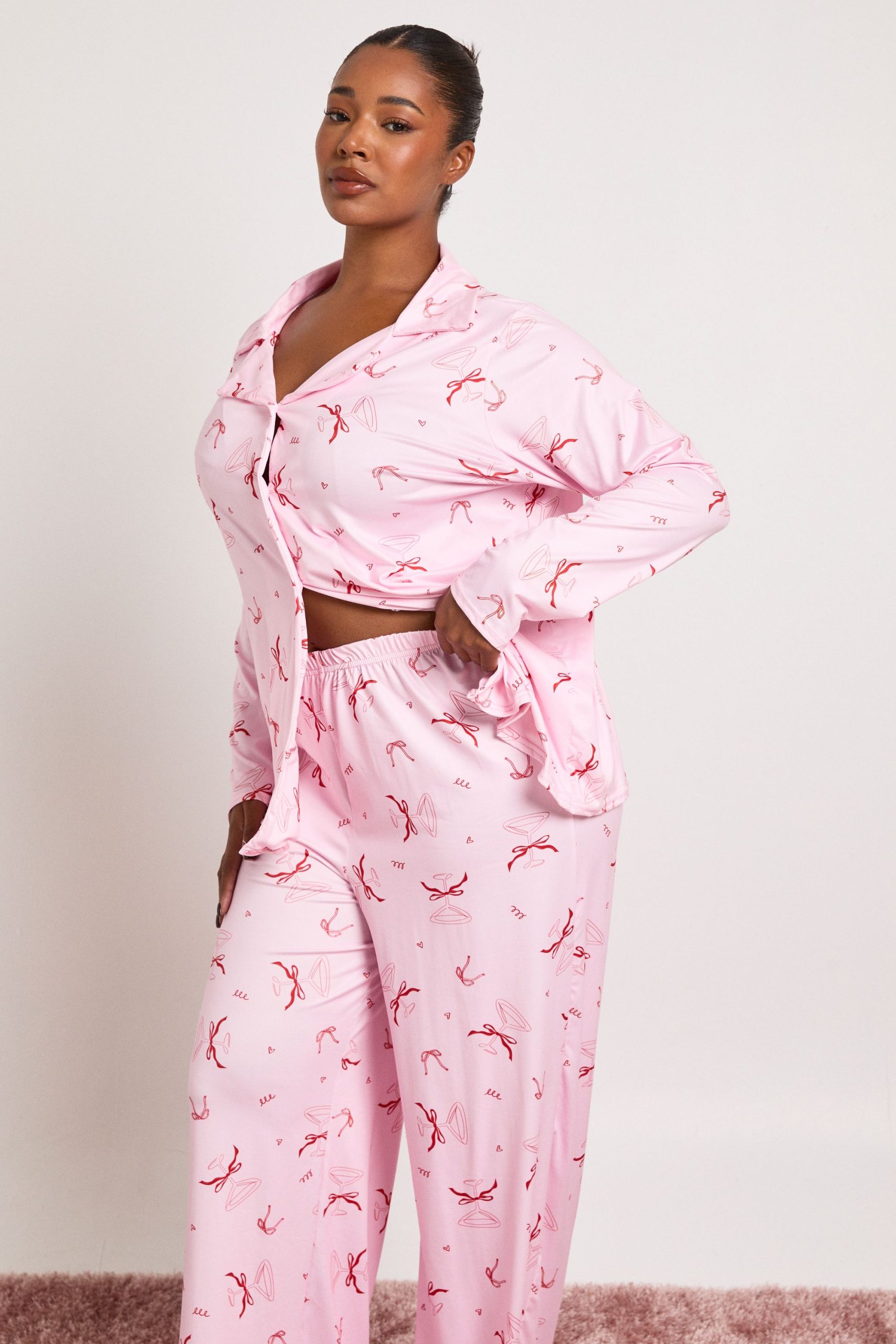 Plus Bow Cocktail Long Sleeve Shirt And Trousers Pyjama Set - Image 3