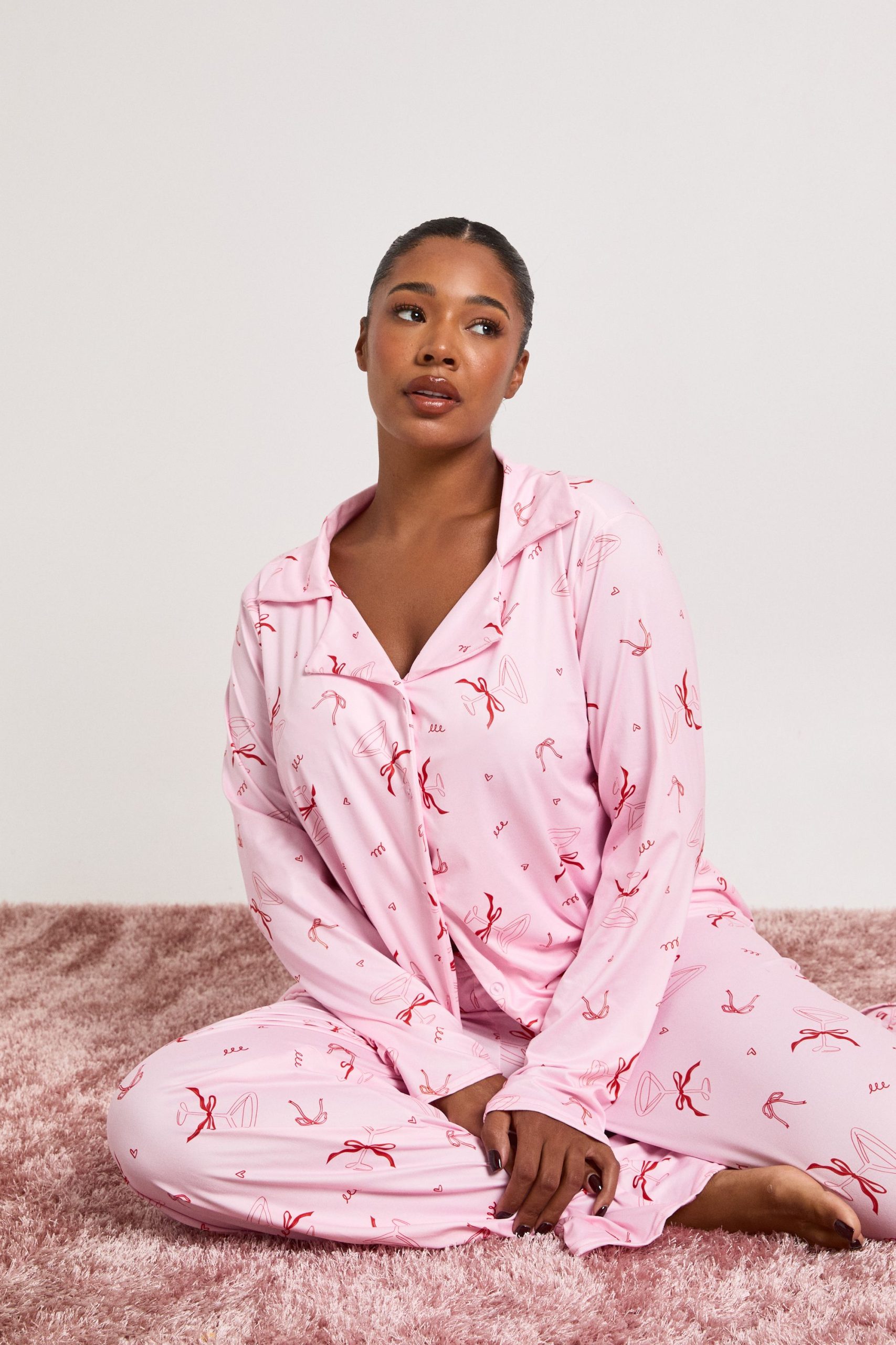 Plus Bow Cocktail Long Sleeve Shirt And Trousers Pyjama Set - Image 4