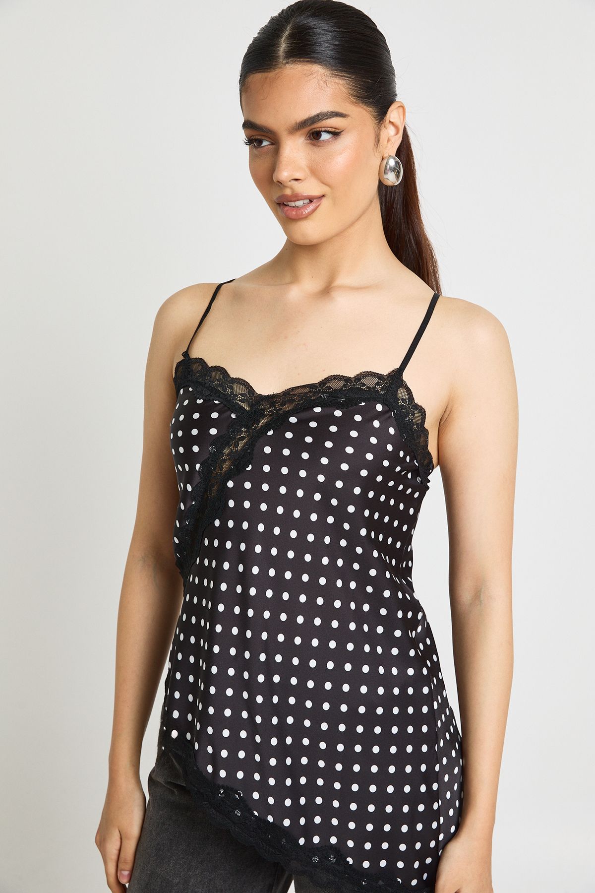 Polka Satin Lace Mix Asymmetric Cami