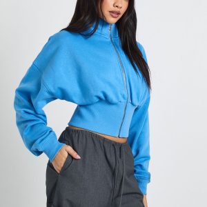 Funnel Neck Cinched Waist Zip Through