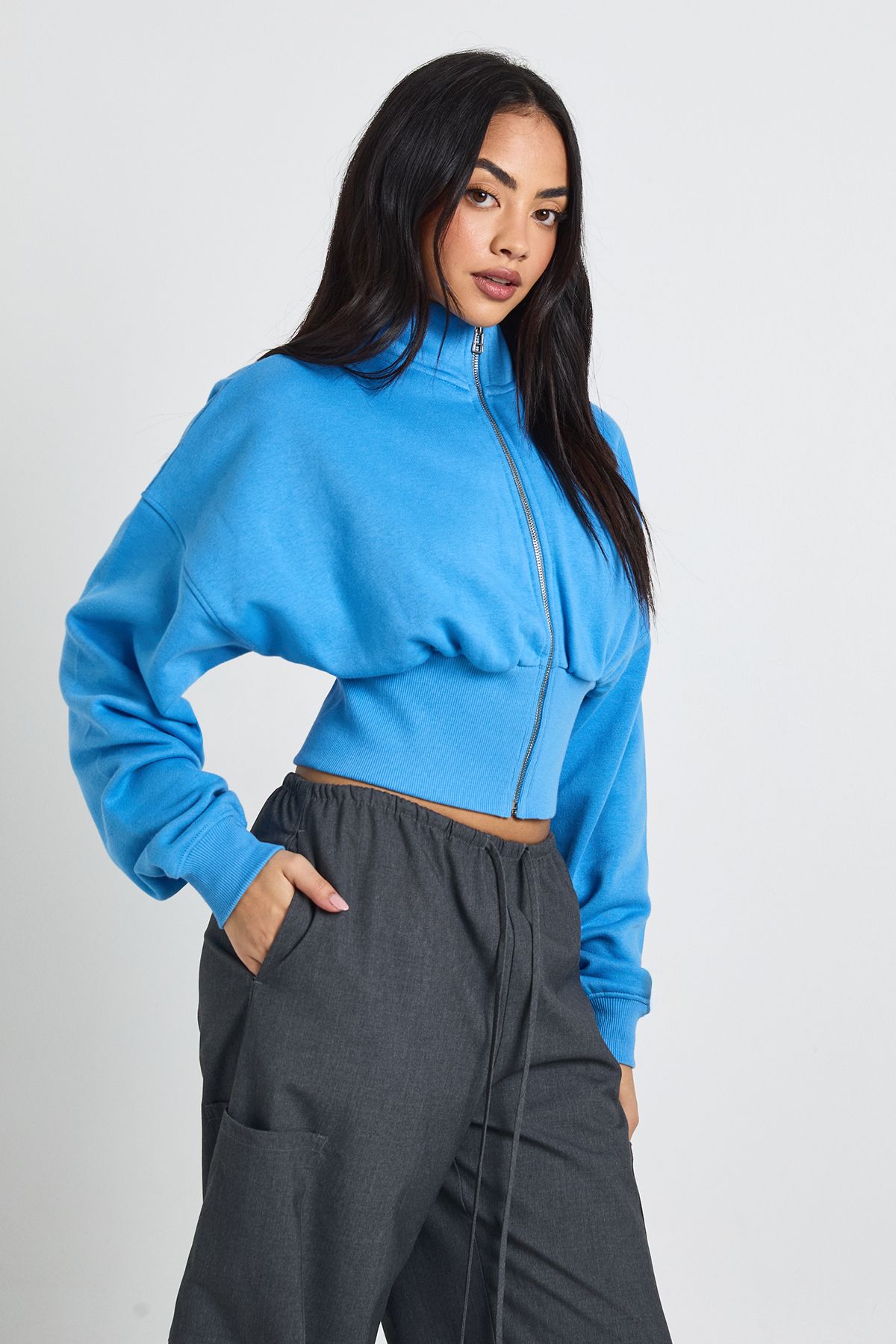 Funnel Neck Cinched Waist Zip Through