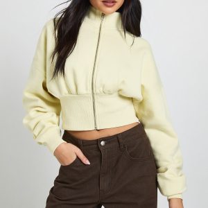 Funnel Neck Cinched Waist Zip Through