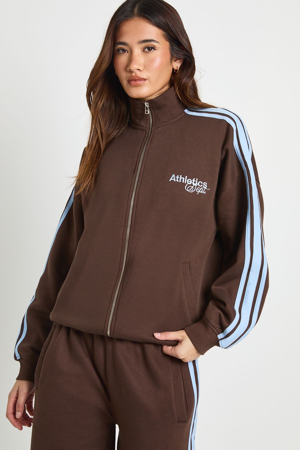 Side Stripe Funnel Neck Zip Through Sweatshirt