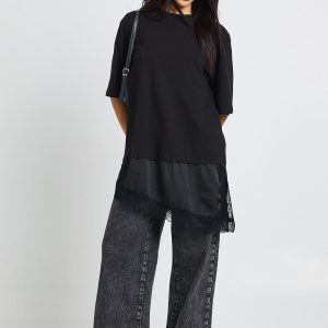 Contrast Lace Satin Underlayer T-Shirt