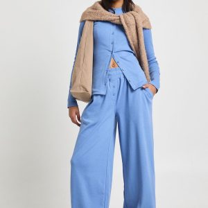 Rib Deep Waistband Wide Leg Trouser
