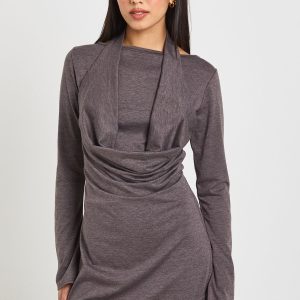 Marl Halterneck Cowl Long Sleeve Mini Dress