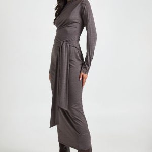 Marl Long Sleeve Tie Waist Midaxi Dress