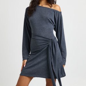Marl Asym Shoulder Tie Waist Mini Dress