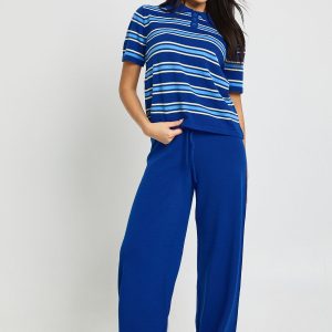 Placket Collar Short Sleeve Stripe Knitted Top And Trouser
