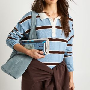 Stripe Button Collar Long Sleeve Knitted Jumper