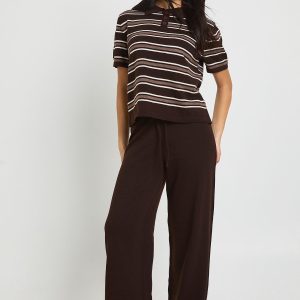 Placket Collar Short Sleeve Stripe Knitted Top And Trouser