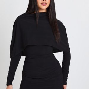 Slinky Cape Detail Long Sleeve Mini Dress