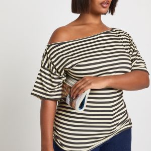 Plus Striped Off Shoulder Cinched Waist Top