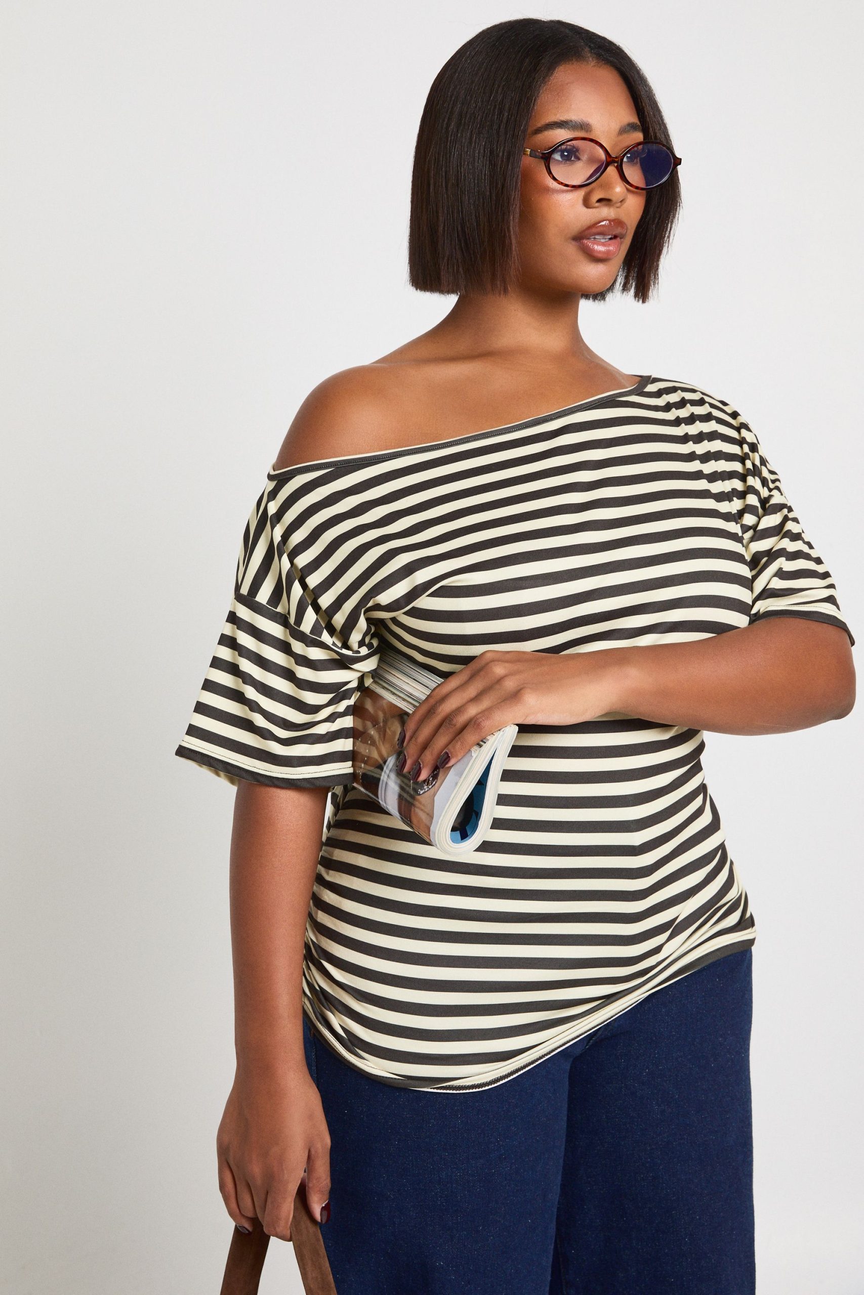 Plus Striped Off Shoulder Cinched Waist Top