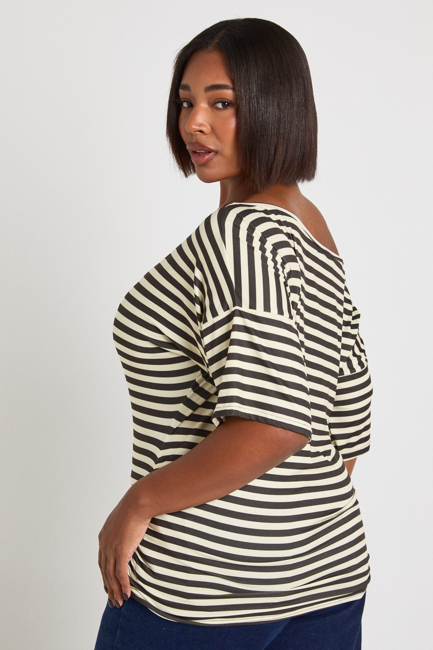 Plus Striped Off Shoulder Cinched Waist Top - Image 2