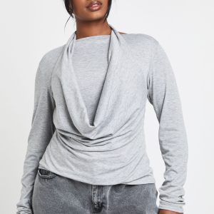 Plus Halterneck Cowl Double Layer Long Sleeve Top