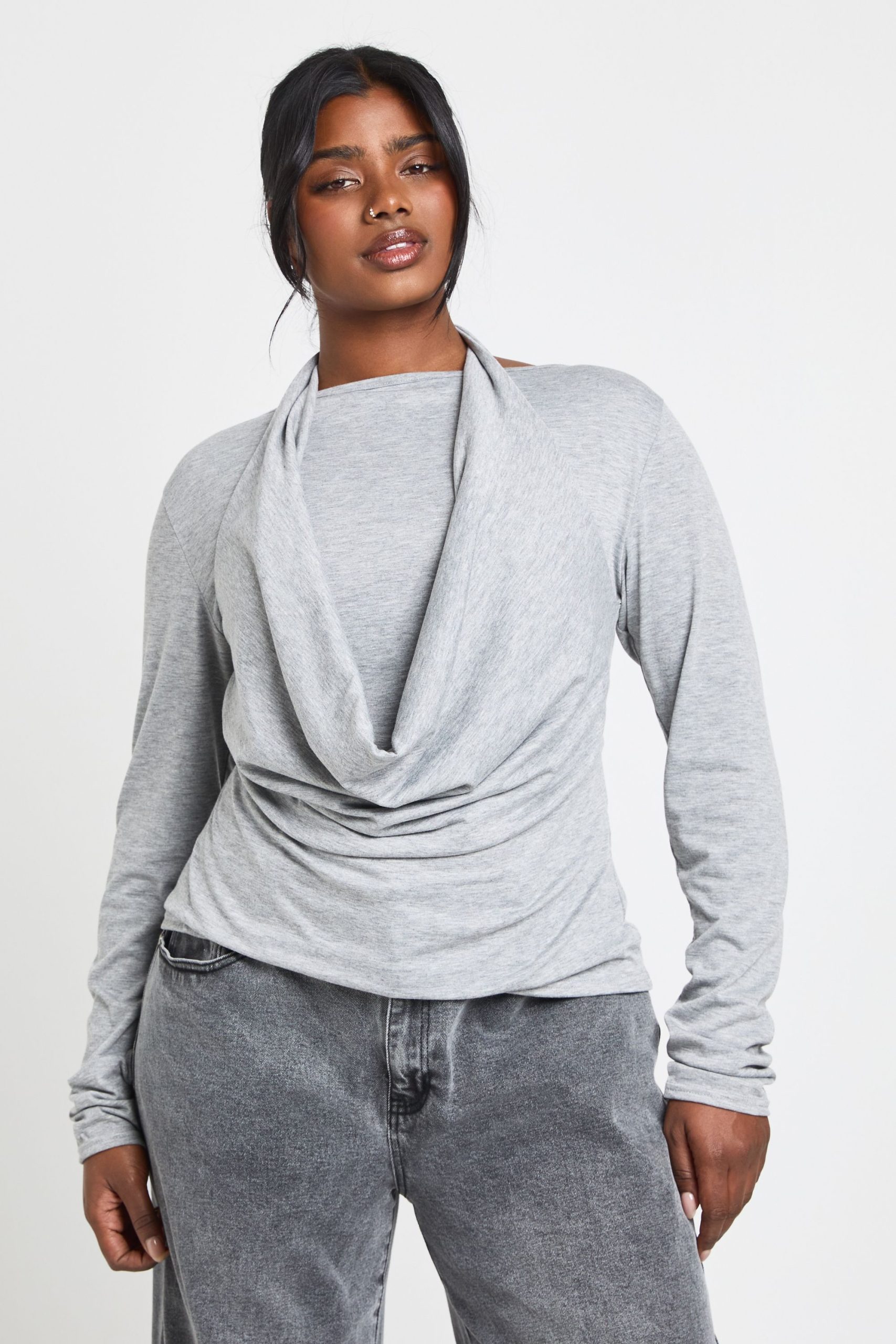 Plus Halterneck Cowl Double Layer Long Sleeve Top