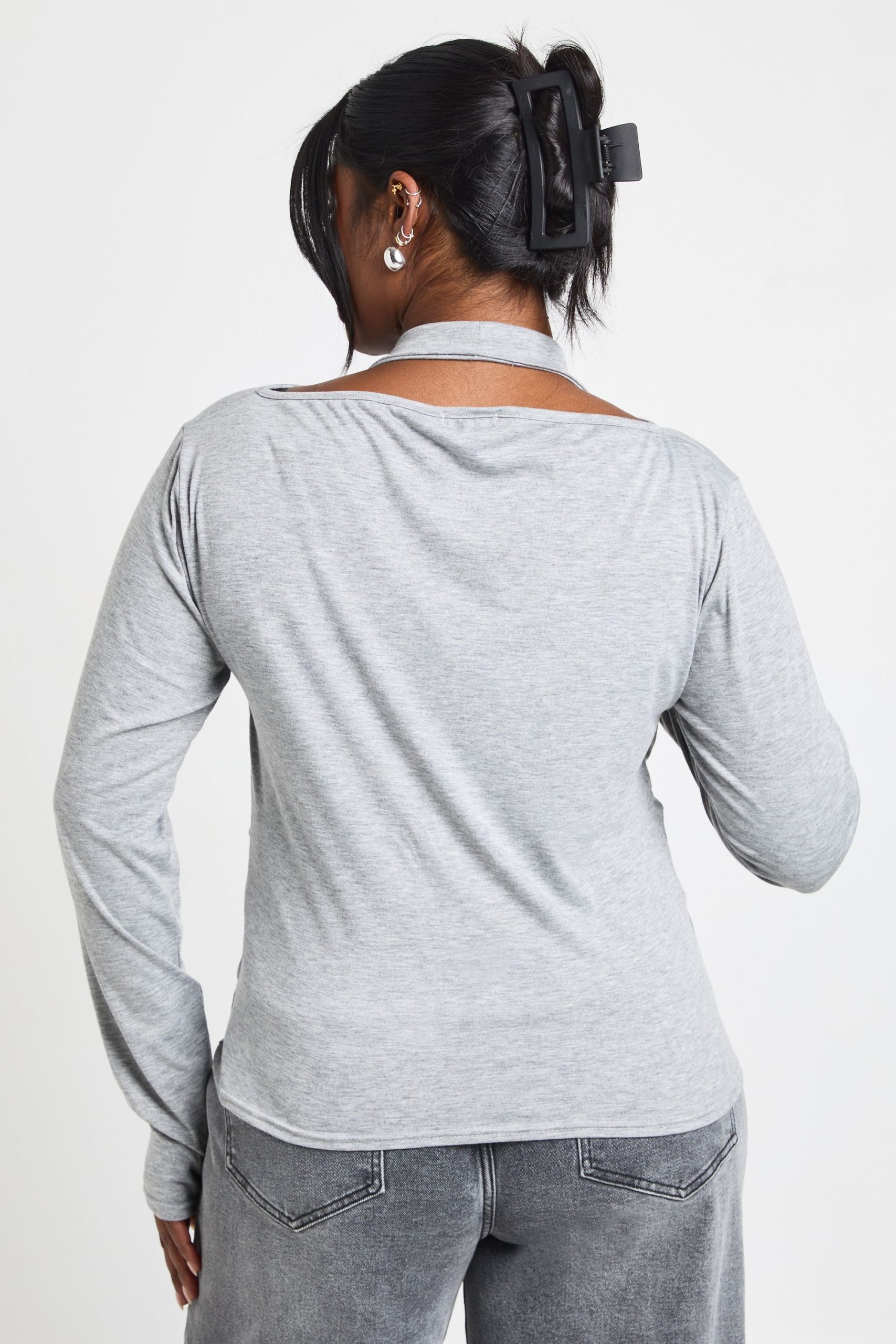 Plus Halterneck Cowl Double Layer Long Sleeve Top - Image 2