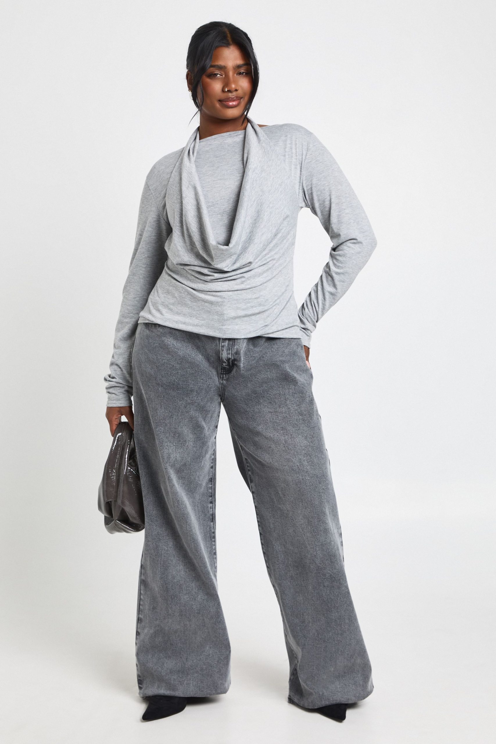 Plus Halterneck Cowl Double Layer Long Sleeve Top - Image 3