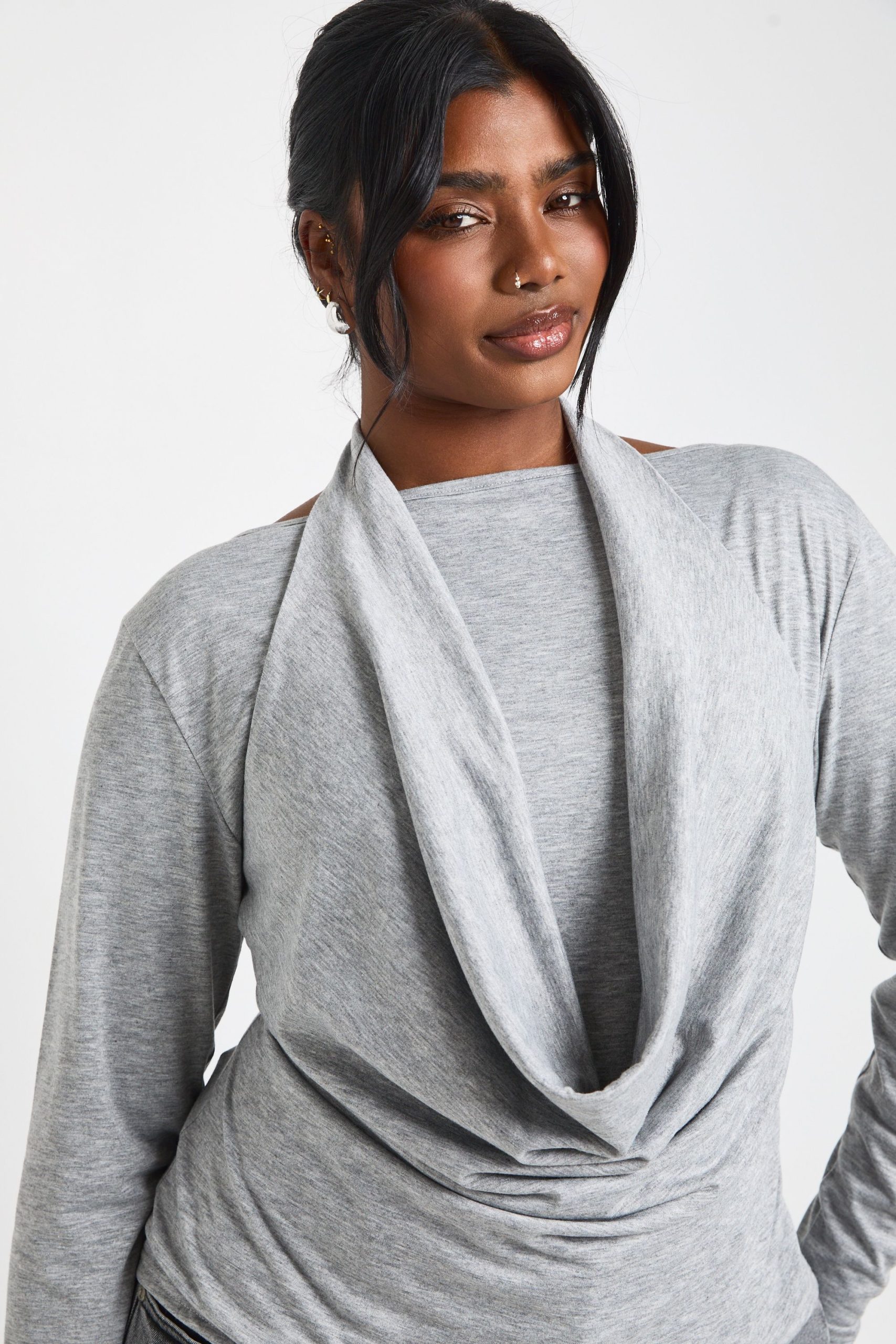 Plus Halterneck Cowl Double Layer Long Sleeve Top - Image 4