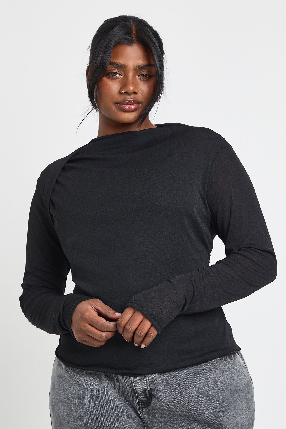 Plus Slash Neck Long Sleeve Top