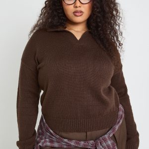 Plus Collared V Neck Knit Top
