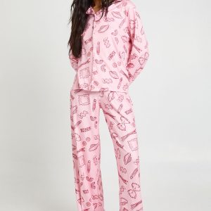 Tall Mixed Pasta Print Long Sleeve Top & Trousers Pyjama Set
