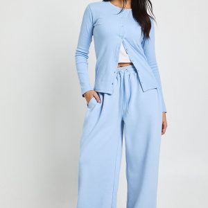 Rib Button Through Long Sleeve Top Tracksuit