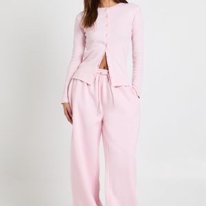 Rib Button Through Long Sleeve Top Tracksuit