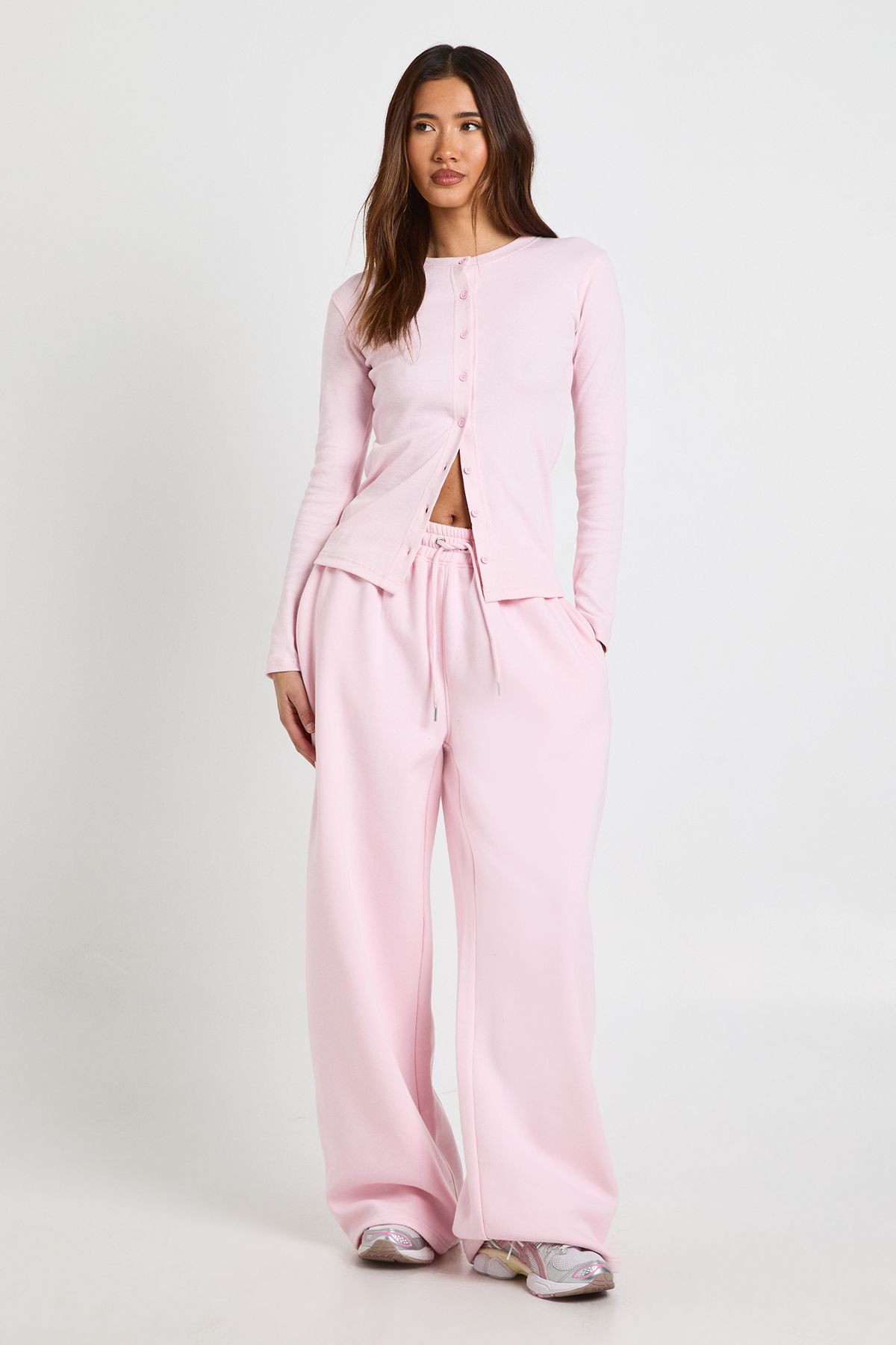 Rib Button Through Long Sleeve Top Tracksuit