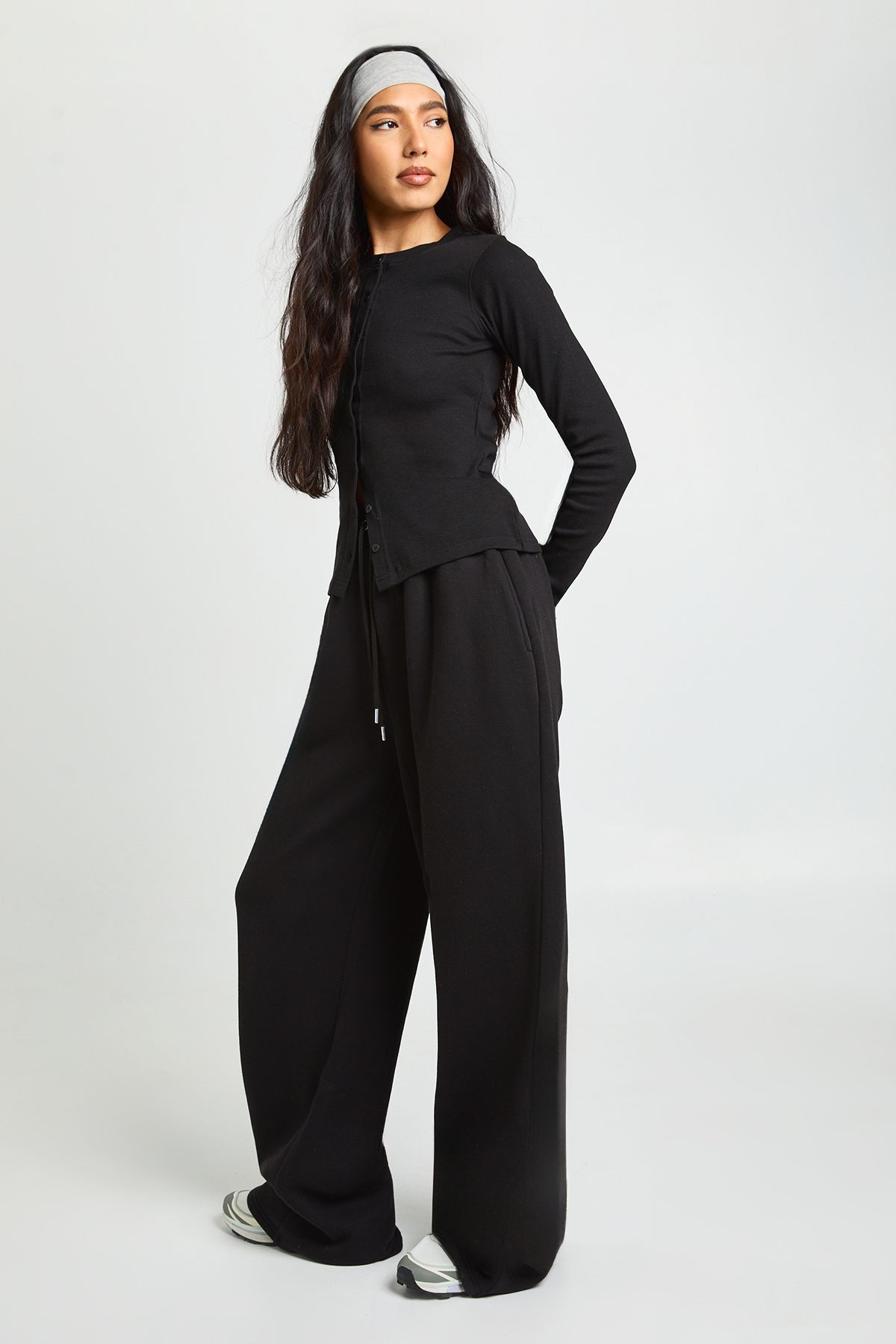 Tall Rib Button Through Long Sleeve Top Tracksuit - Image 3