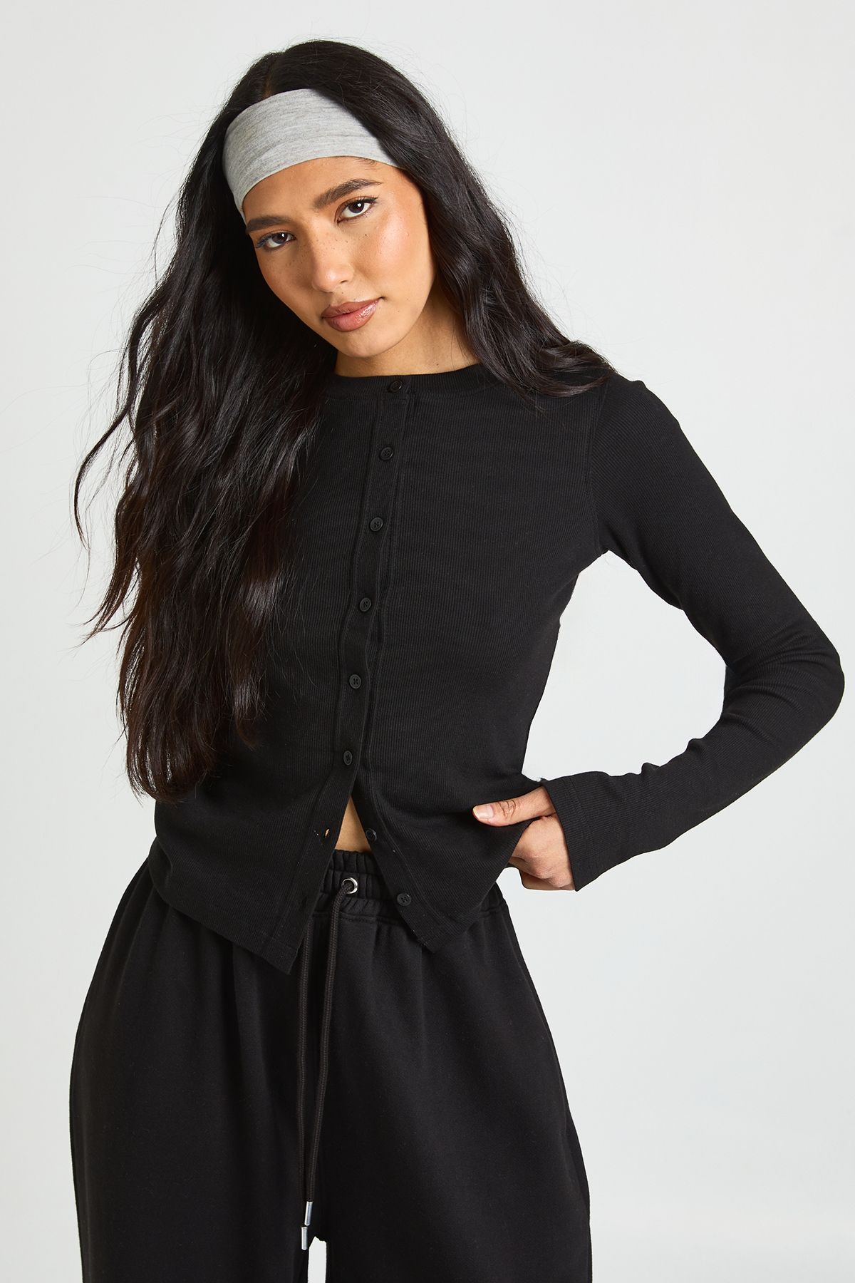 Tall Rib Button Through Long Sleeve Top Tracksuit - Image 4