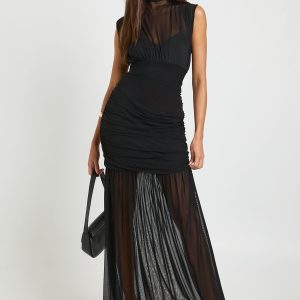 MESH HIGH NECK RUCHED CAP SLEEVE MAXI DRESS