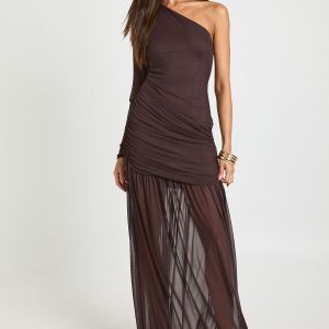 MESH ONE SHOULDER RUCHED MAXI DRESS