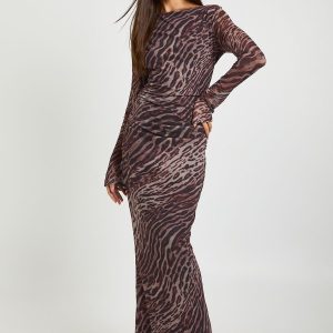 Leopard Print Mesh Slash Neck Flare Sleeve Maxi Dress