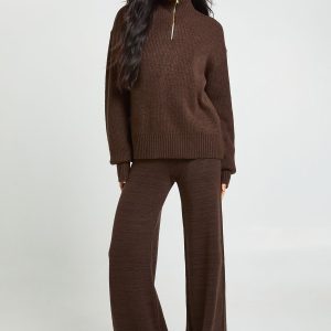Tall Super Soft Zip Neck Oversized Jumper and Wide Leg Trouser Co-Ord