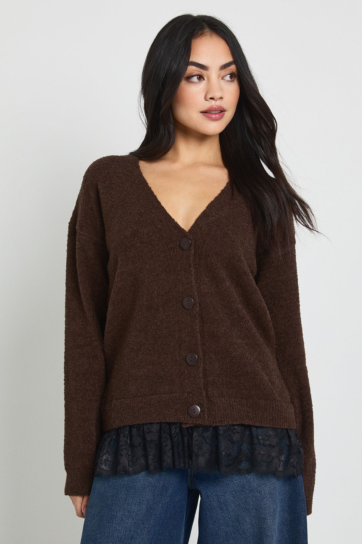 L.ace Trim Hem Knitted Cardigan