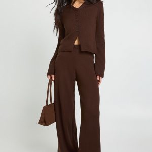 Tall Collar Detail Button Down Knitted Cardigan and Straight Leg Trouser Co-Ord