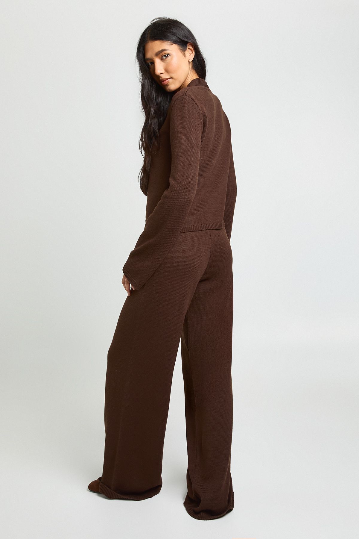 Tall Collar Detail Button Down Knitted Cardigan and Straight Leg Trouser Co-Ord - Image 2