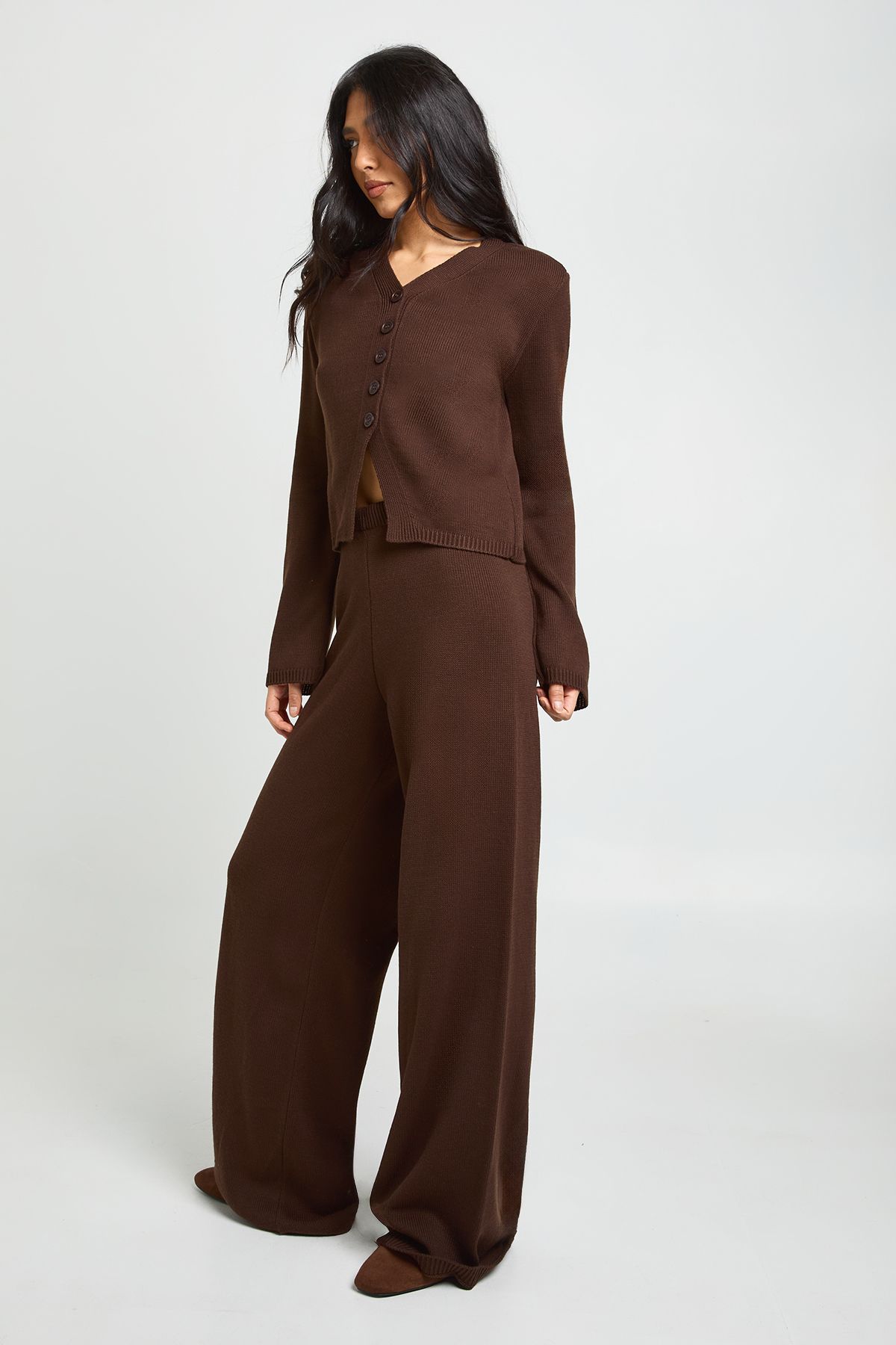 Tall Collar Detail Button Down Knitted Cardigan and Straight Leg Trouser Co-Ord - Image 3