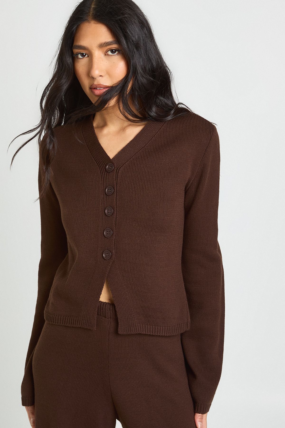 Tall Collar Detail Button Down Knitted Cardigan and Straight Leg Trouser Co-Ord - Image 4