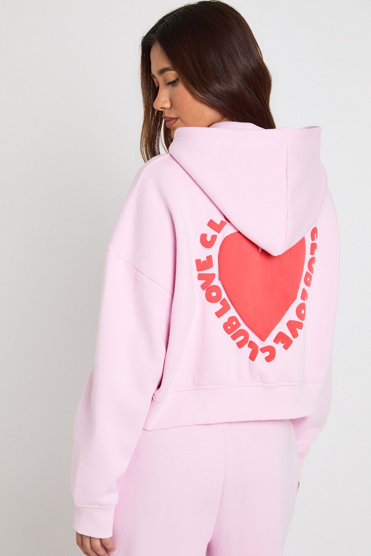 Love Club Puff Print Zip Through Boxy Hoodie