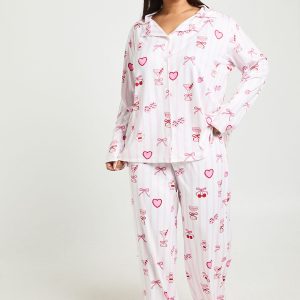 Plus Valentines Stripe Cocktails and Cherries Print Long Sleeve Shirt & Trouser Pyjama Set