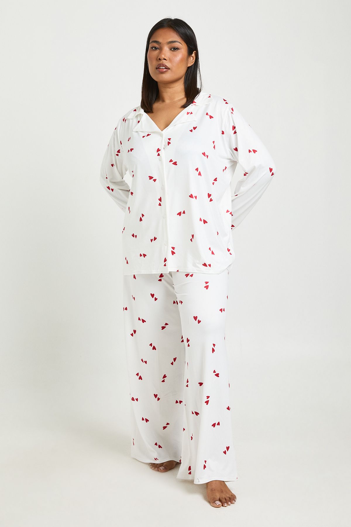 Plus Valentines Heart Print Long Sleeve Shirt & Trouser Pyjama Set
