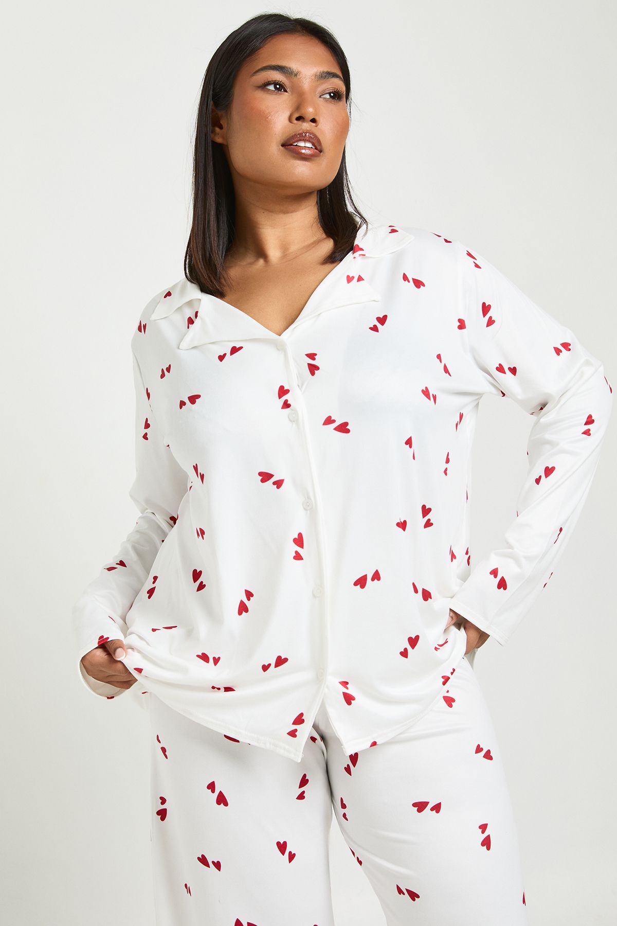 Plus Valentines Heart Print Long Sleeve Shirt & Trouser Pyjama Set - Image 3
