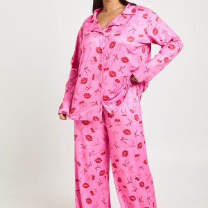 Plus Valentines Cherries And Kisses Print Long Sleeve Shirt & Trouser Pyjama Set